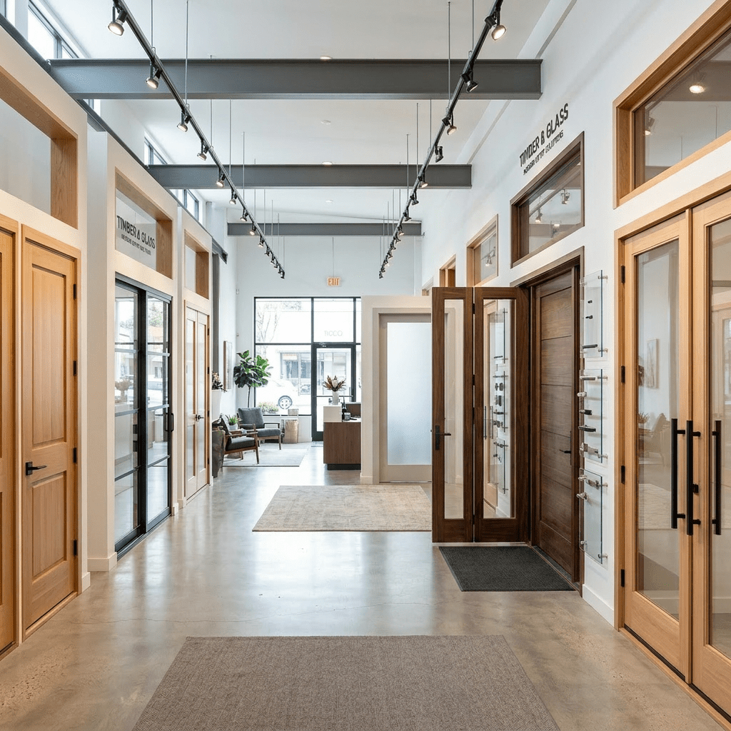 Saleswoman showing wooden door samples to a couple in a showroom